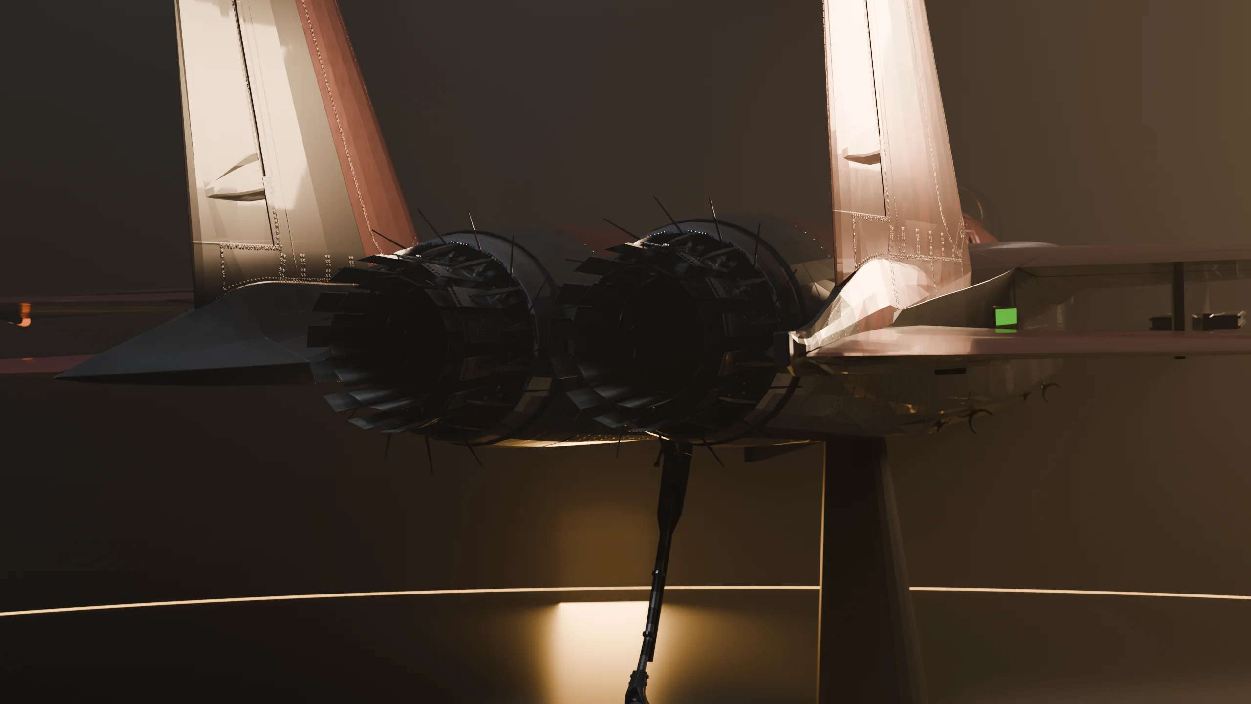 F-15C Eagle in profile under warm hangar light