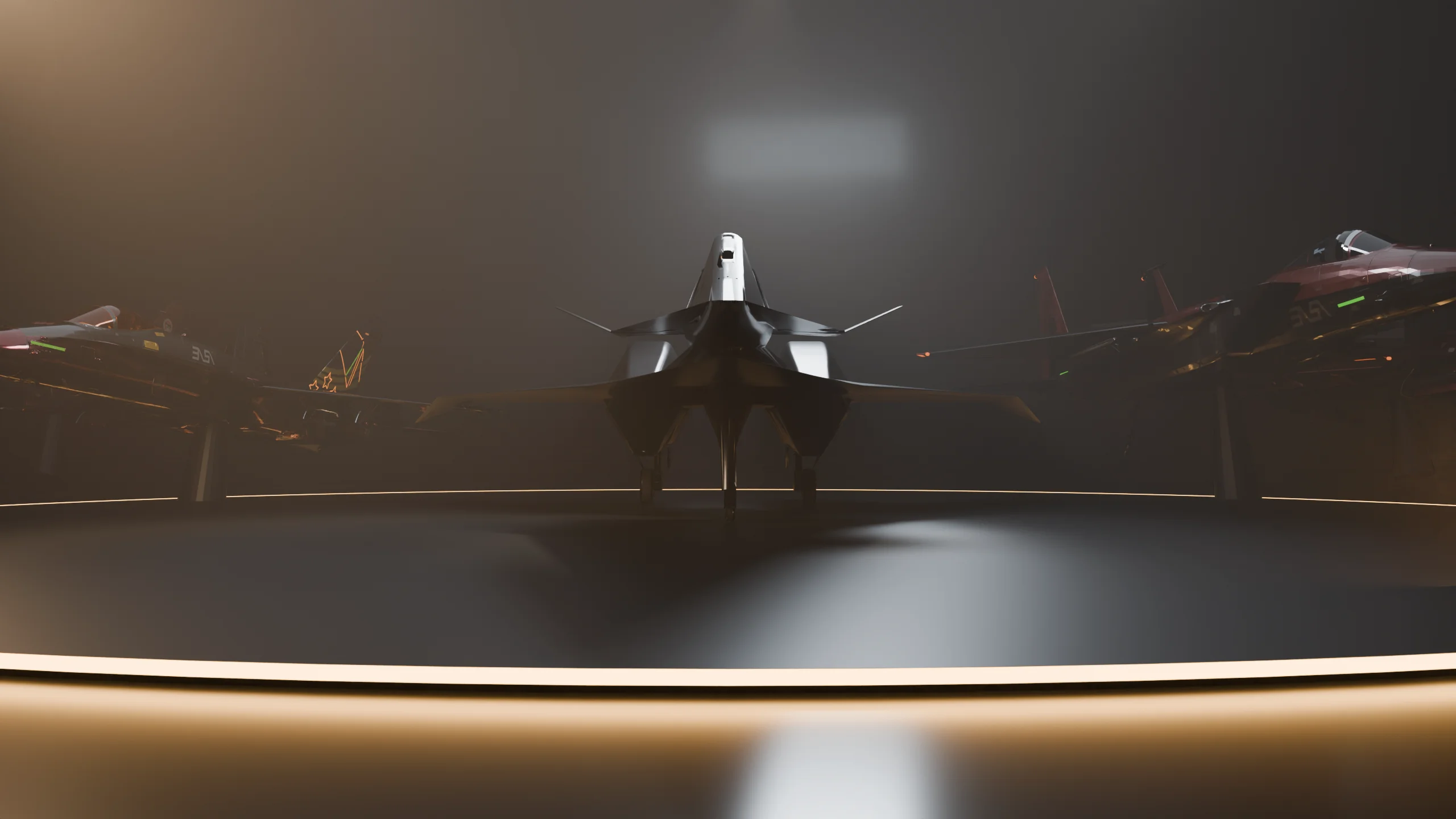 The 68th's fleet arrayed in a dark hangar, a black experimental fighter at its center